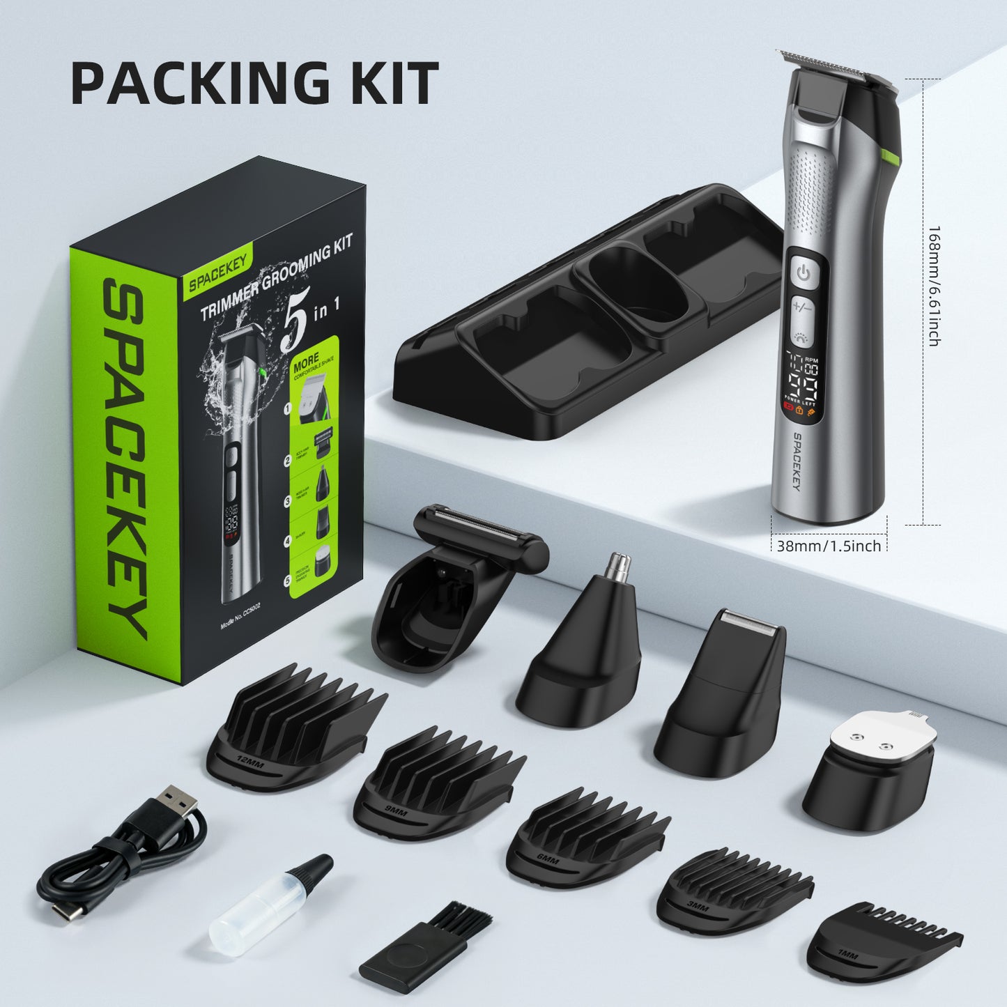 Beard Trimmer for Men, 15 Pieces Kit, Stainless Steel Blade, 150-Min Runtime