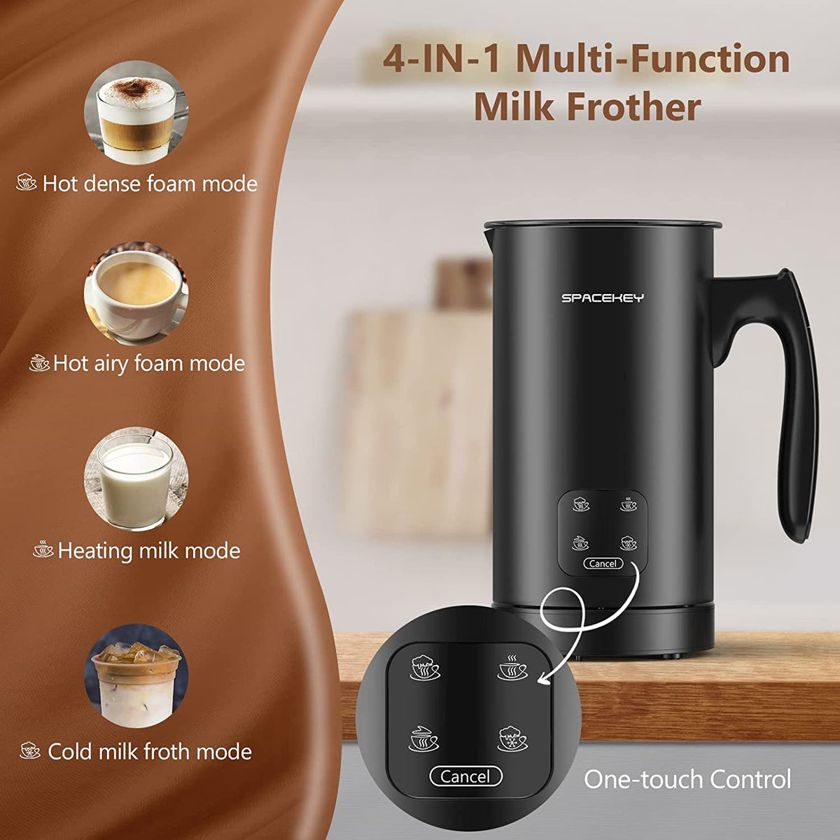 Milk Frother, Electric Milk Steamer, Spacekey 4-in-1 Automatic Hot and Cold  Foam Maker with Touch Screen, 10oz/300ml Stainless S