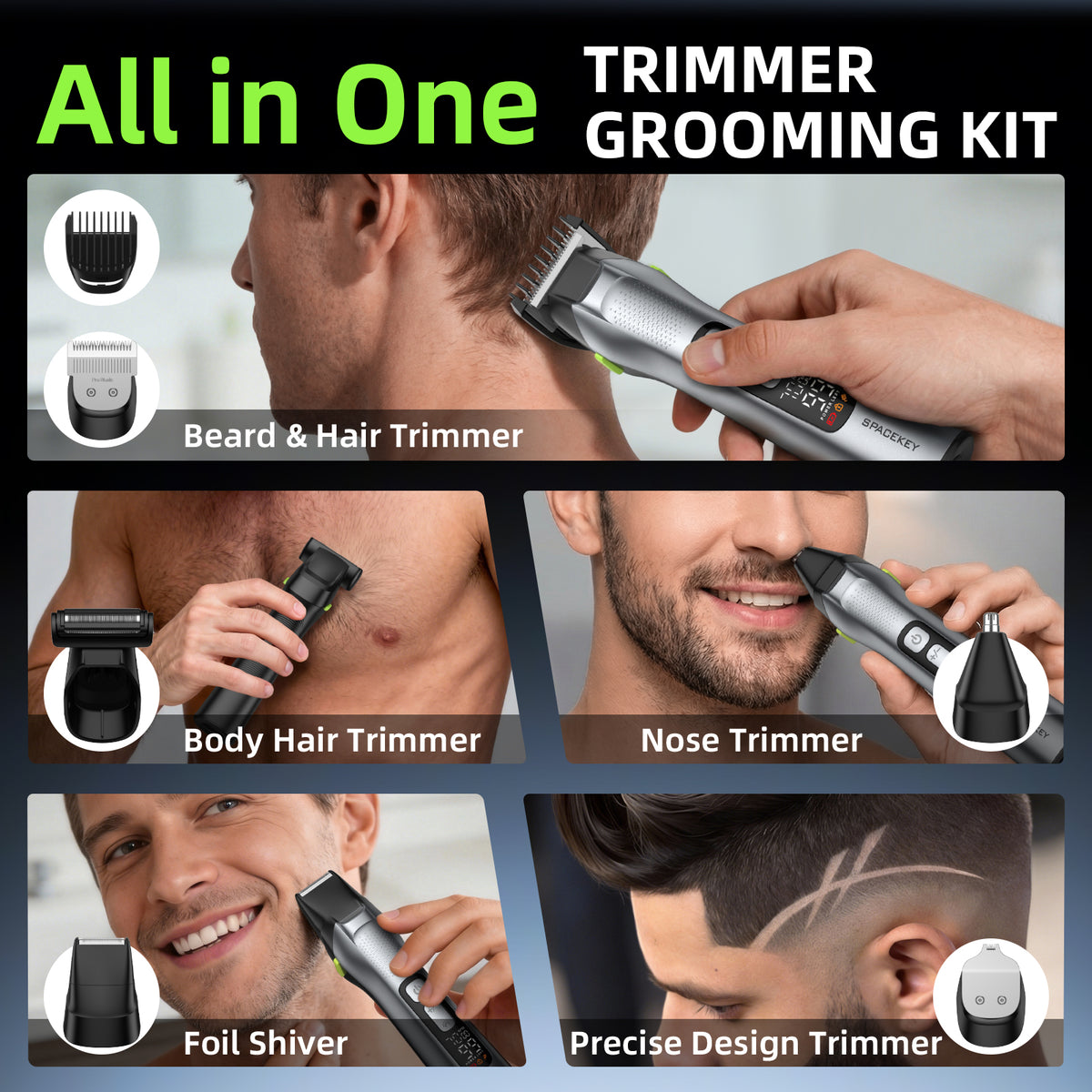 Beard Trimmer for Men, 15-in-1 Mens Grooming Kit, 3 Speeds, 150 Min Runtime, Silver