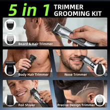 Load image into Gallery viewer, Beard Trimmer for Men, 15 Pieces Mens Grooming Kit, 5 in 1 Stainless Steel Blade Cordless Hair Clippers, 150-Min Long Runtime, IPX7 Waterproof, 3 Speeds Body Hair Trimmer for Nose, Ear, Face, Chest
