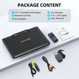 DBPOWER 16.9" Portable DVD Player,With 14.1" HD Swivel Large Screen, Support DVD/USB/SD Card and Multiple Disc Formats, 6 Hrs 5000mAH Rechargeable Battery, Sync TV/Projector, High Volume Speaker