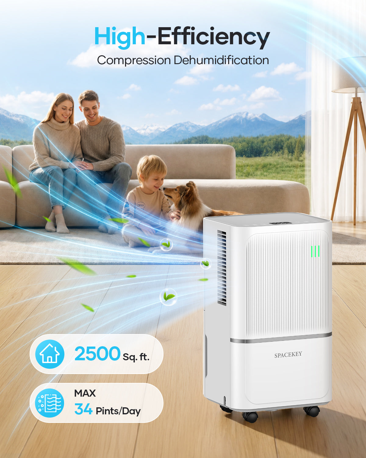 34 Pints Dehumidifier for Basement with Drain Hose Up to 2500 Sq.Ft