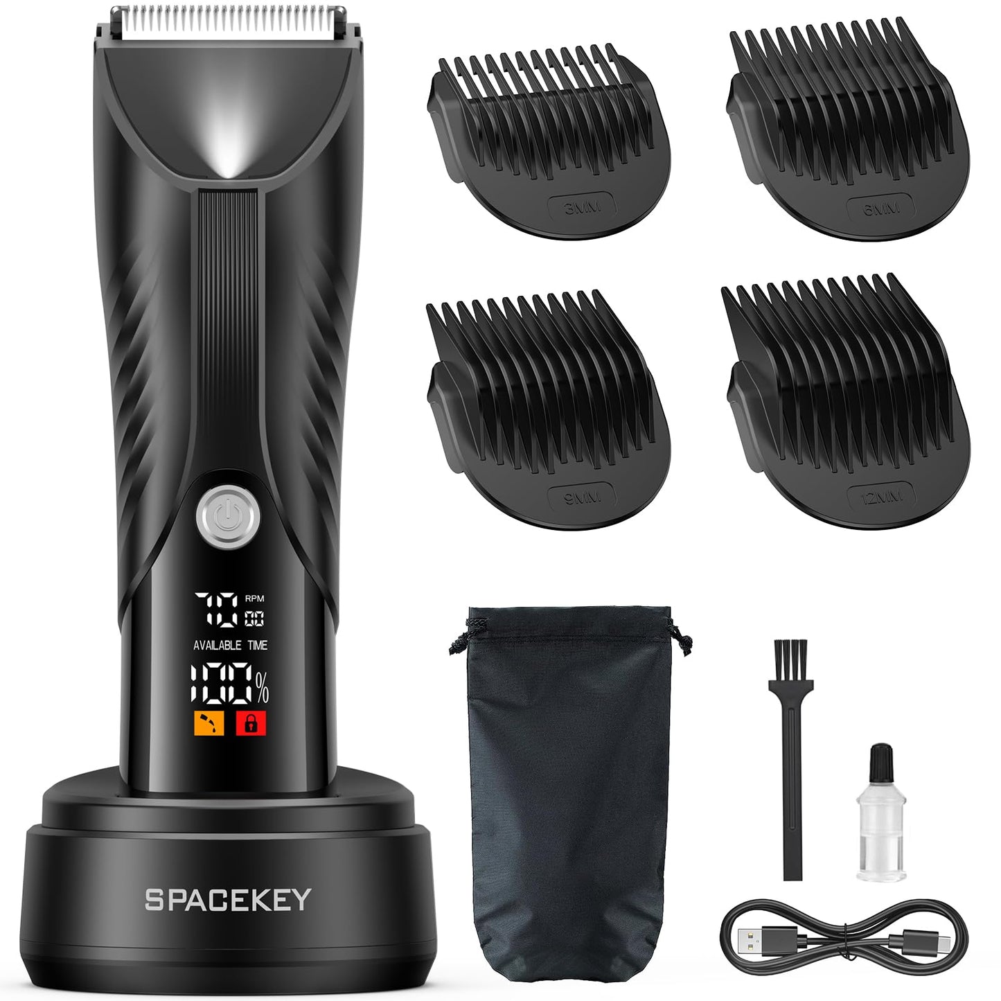 Electric Body Hair Trimmer, IPX7 Waterproof , LED Light, Charging Dock