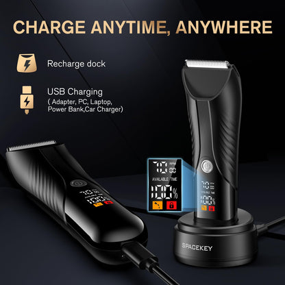 Electric Body Hair Trimmer, IPX7 Waterproof , LED Light, Charging Dock
